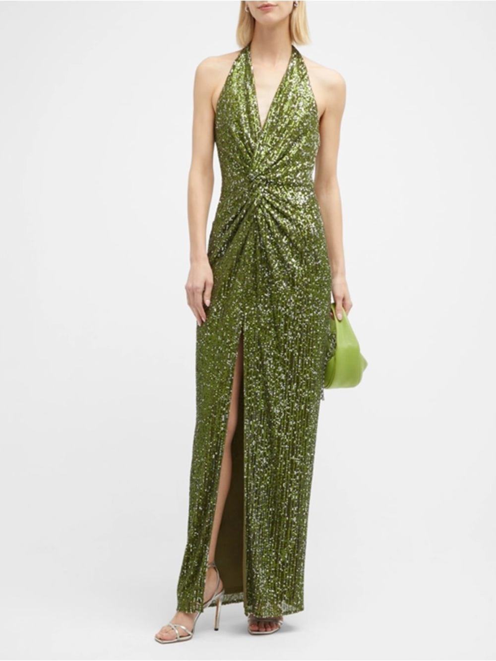 Twist Front Sequin Halter Gown In Green